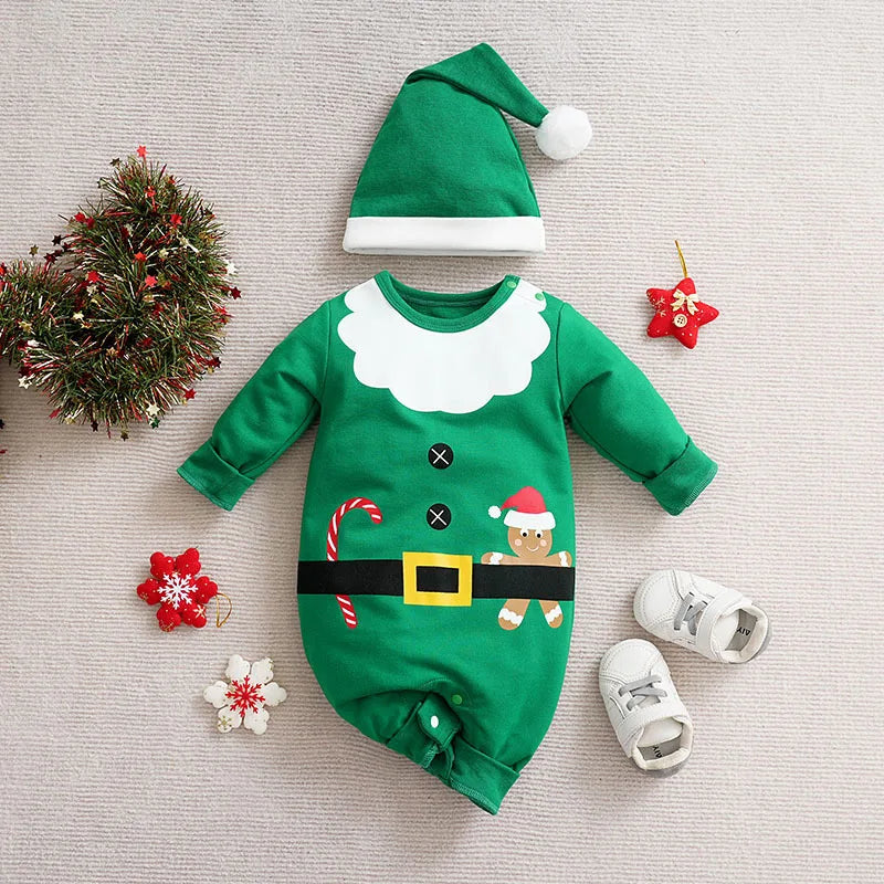 Weihnachtsstrampler Baumwolle, lange Ärmel – Druckknöpfe, Weihnachtsmann-Motiv, weich | Babyoverall