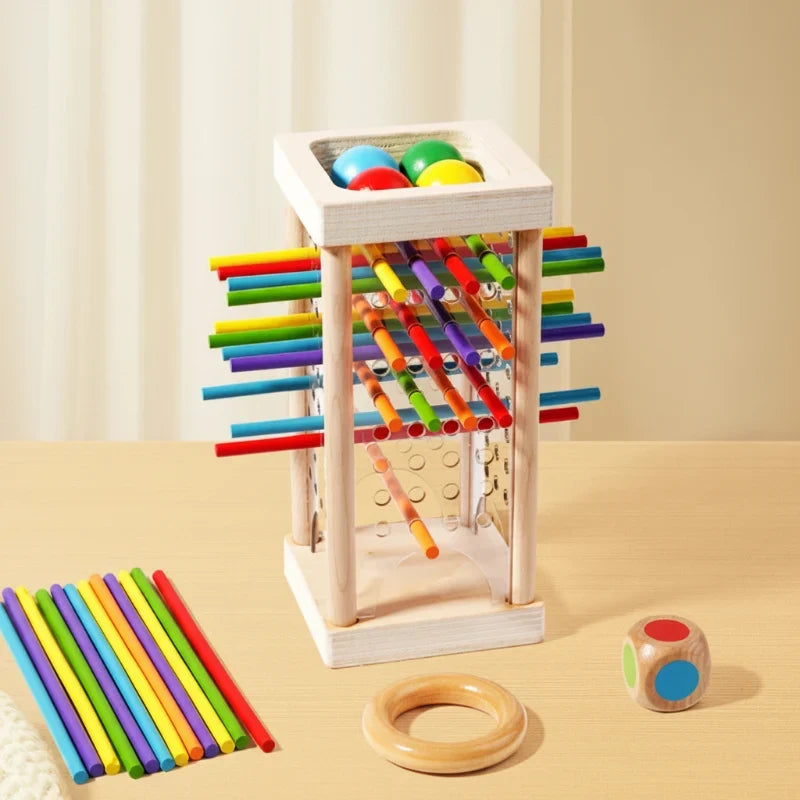 Stäbchenspiel aus Holz mit Farbwürfel – Turm oder Ring, ab 2 Spielern | Geschicklichkeitsspiel