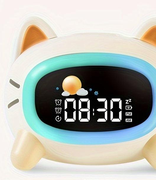 Digitaler Schlaftrainer und Wecker mit weißem Rauschen – Katzenuhr mit Nachtlicht