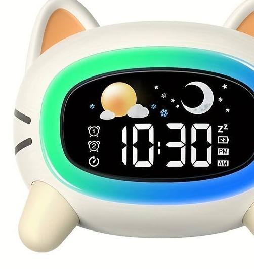 Digitaler Schlaftrainer und Wecker mit weißem Rauschen – Katzenuhr mit Nachtlicht