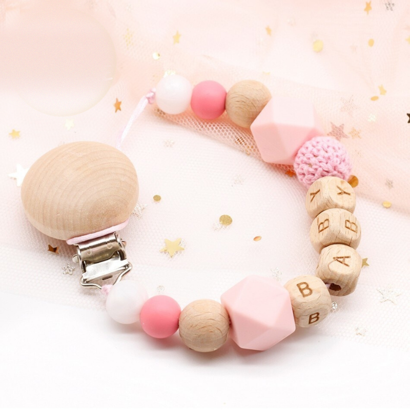 Personalisierte Schnullerkette mit Namen – Holzperlen